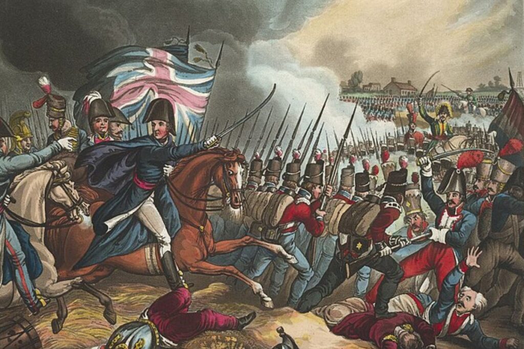 The Battle of Waterloo, June 18th 1815. Depicting Arthur Wellesley, the Duke of Wellington. The defeat of the French forces of Napoleon Bonaparte. The last major battle of the Napoleonic wars.